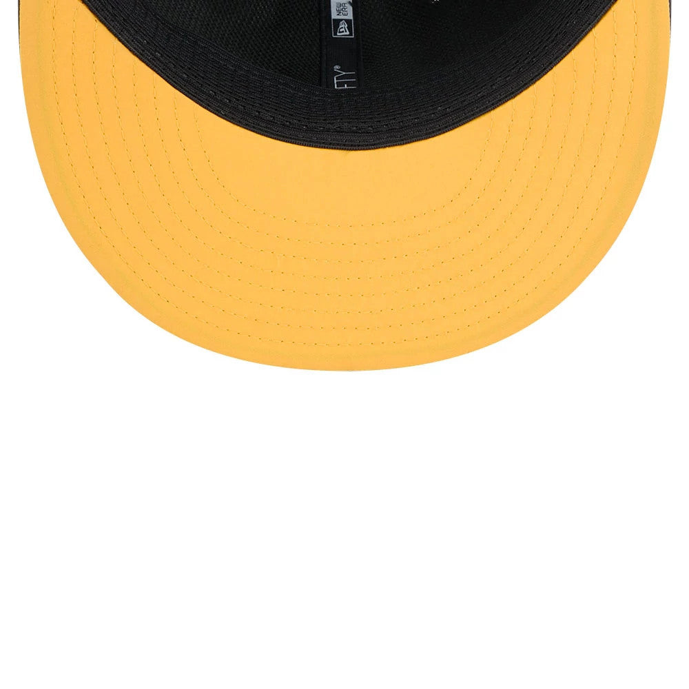 Steelers NFL Sideline 2026 Charcoal New Era 9FIFTY Snapback Adjustable Cap, inside view showing the yellow undervisor contrasting with the black sweatband, and the New Era branded taping running across the crown interior.