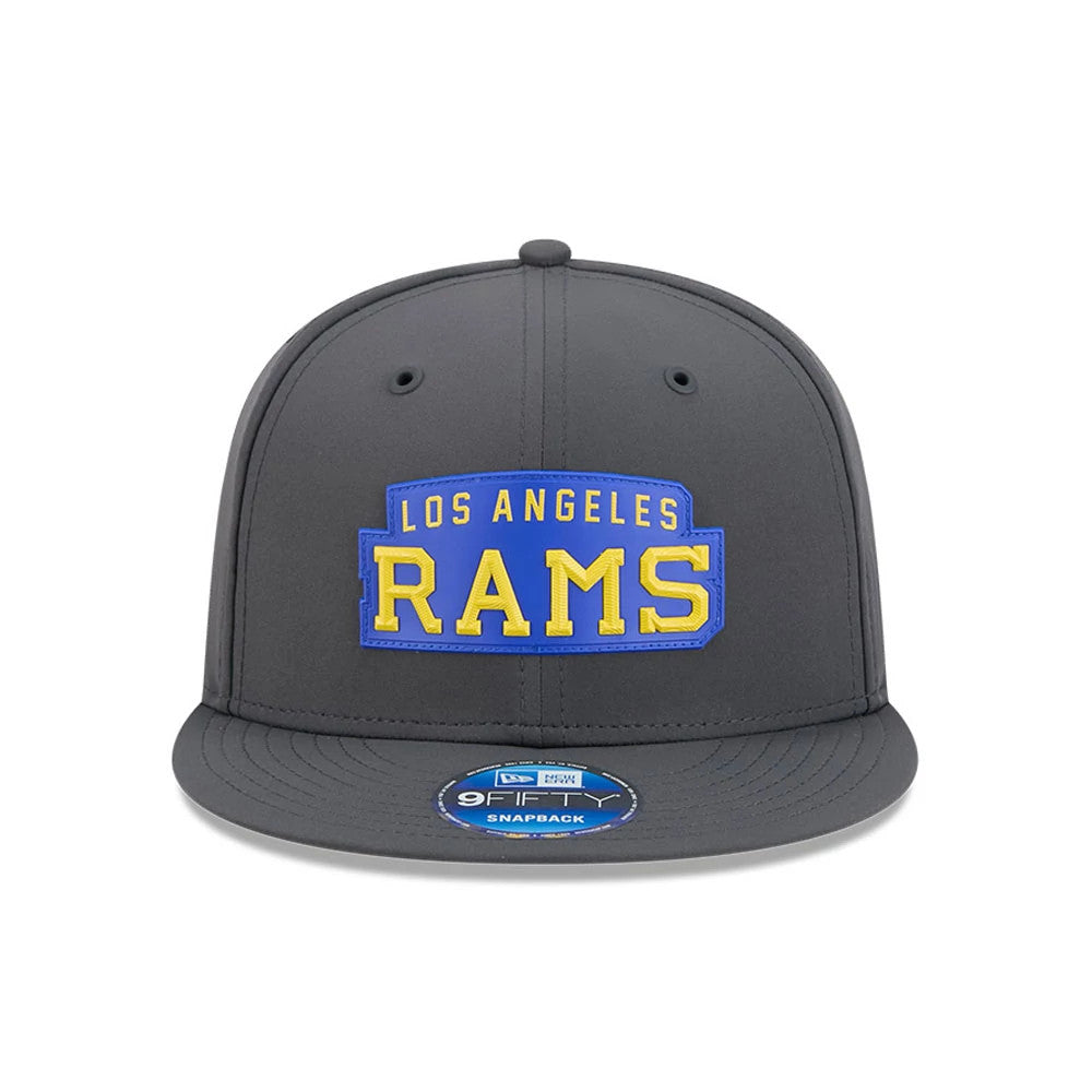 Pictured is this NFL Sideline 2026 LA Rams 9FIFTY Snapback cap in charcoal. 3
