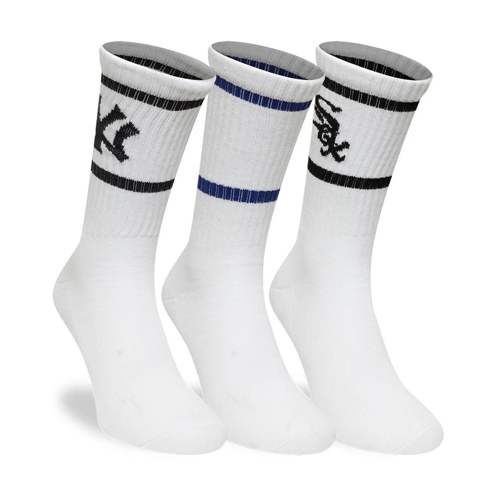 New Era MLB Multi Team White 3 Pack Crew Socks, front view showing three pairs of white socks each featuring different team logos, with black and blue ribbed stripes around the cuffs, and the logos embroidered on the sides below the stripes.