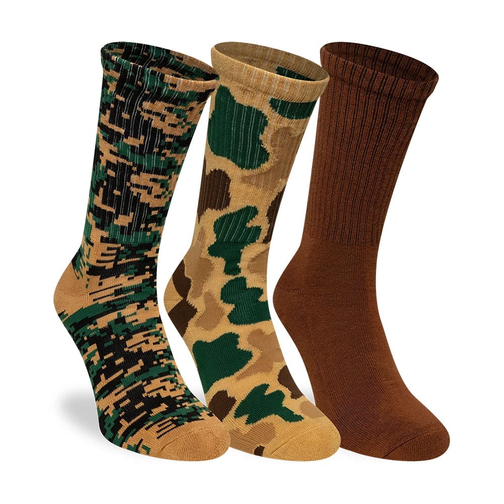 Pictured is this New Era Camo 3 Pack Crew Socks in brown. 3