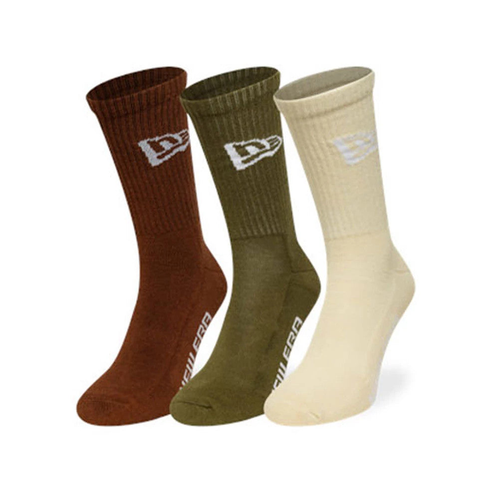 New Era Flag Multi 3 Pack Crew Socks, front view featuring three pairs of crew socks in brown, olive green, and cream, each with a white embroidered New Era logo on the upper part and white New Era lettering along the sole.