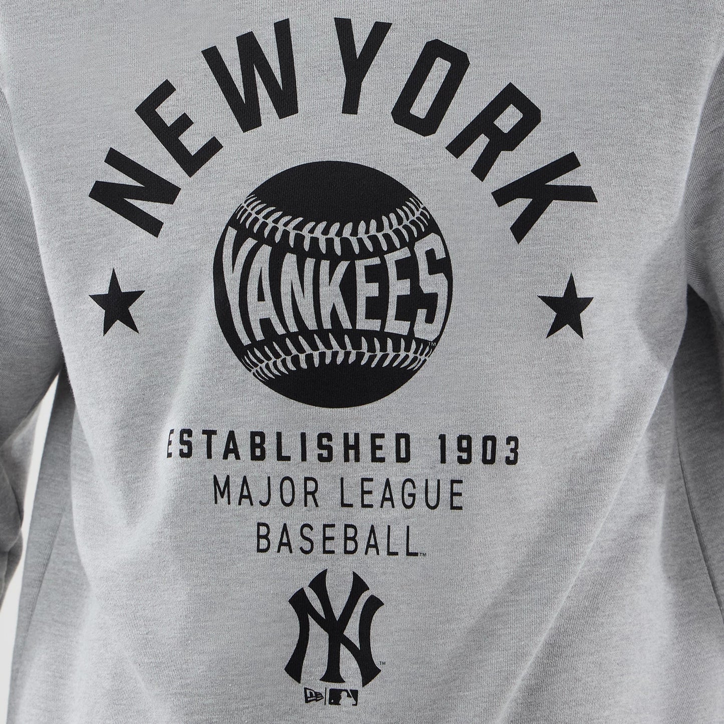 The model is wearing this MLB Graphic New York Yankees Oversized Crew Neck Sweater in grey. 5