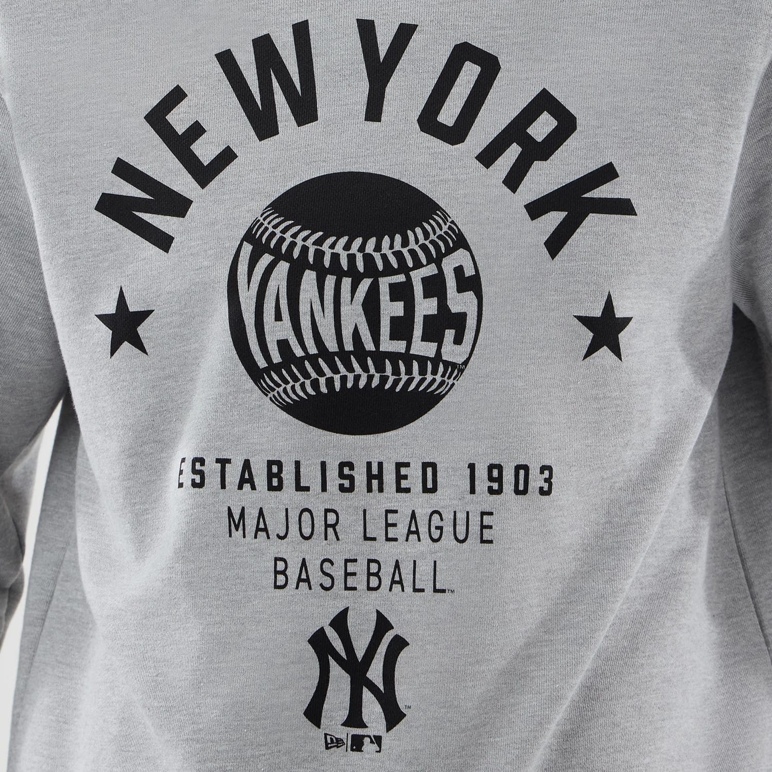 The model is wearing this MLB Graphic New York Yankees Oversized Crew Neck Sweater in grey. 5