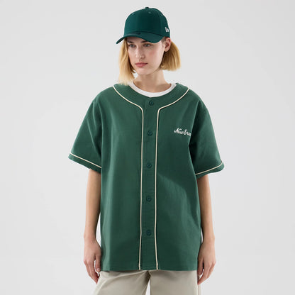 The model is wearing this New Era Baseball Jersey in dark green. 4