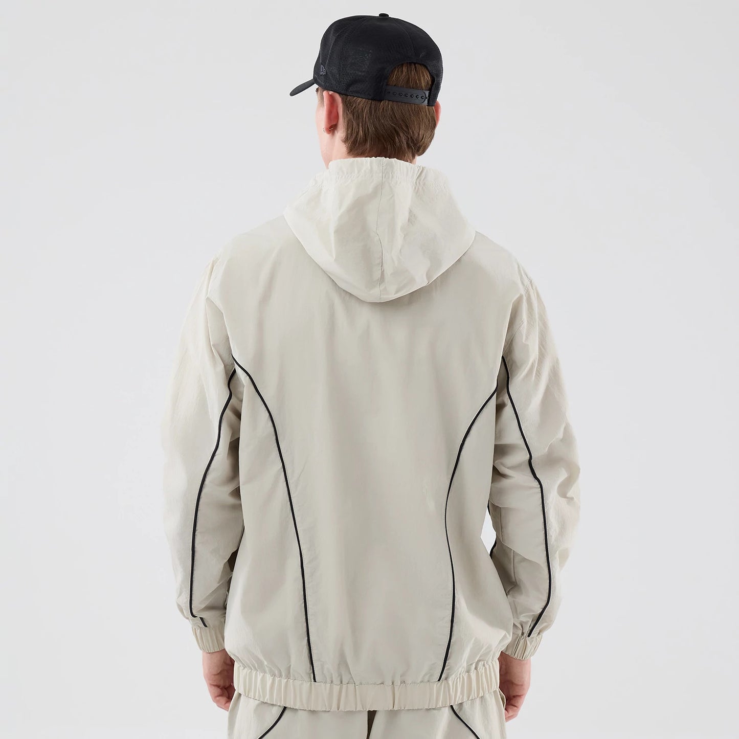 The model is wearing this MLB Piping New York Yankees Jacket in cream. 2
