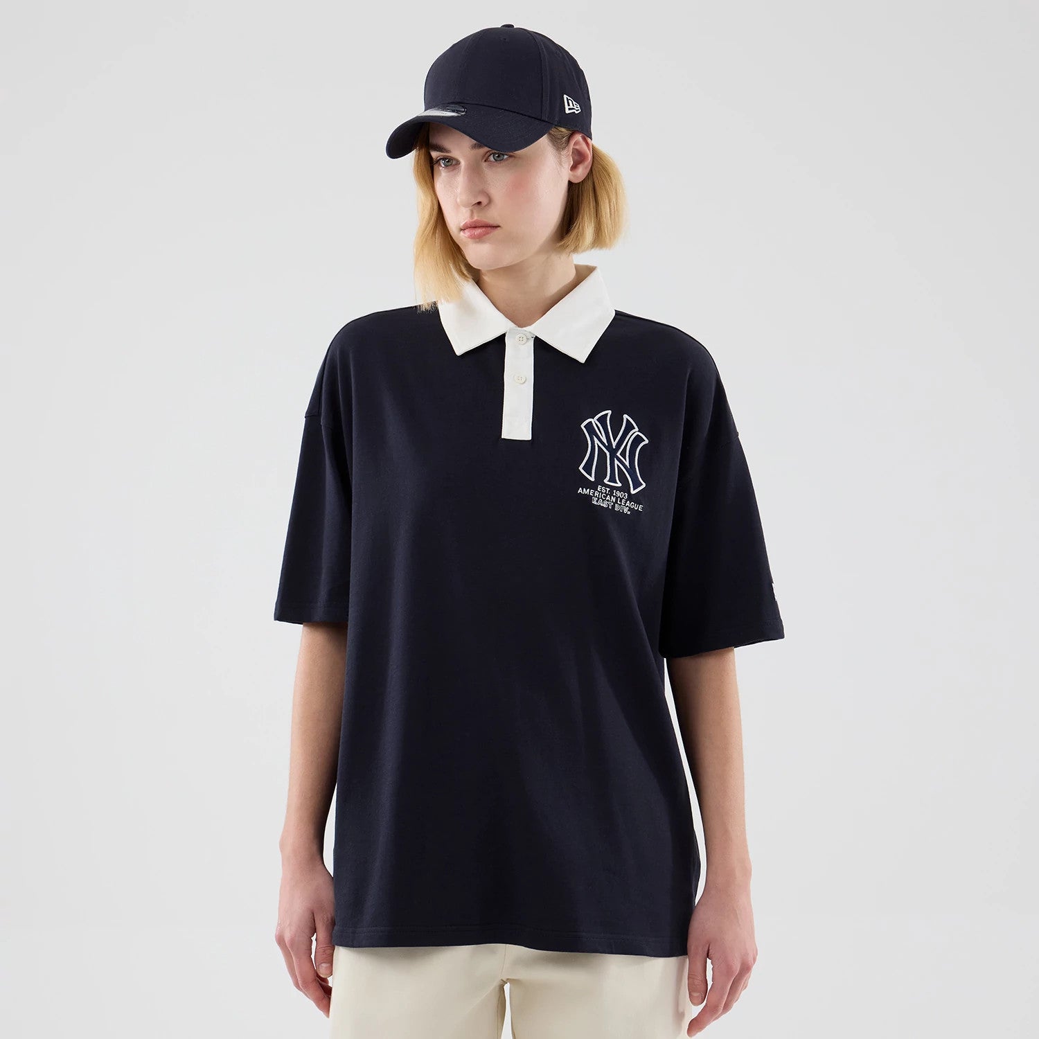 The model is wearing this MLB New York Yankees Polo T-Shirt in navy. 4