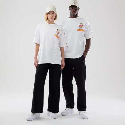The model is wearing this New Era Baseball Popcorn Graphic Oversized T-Shirt in white. 1