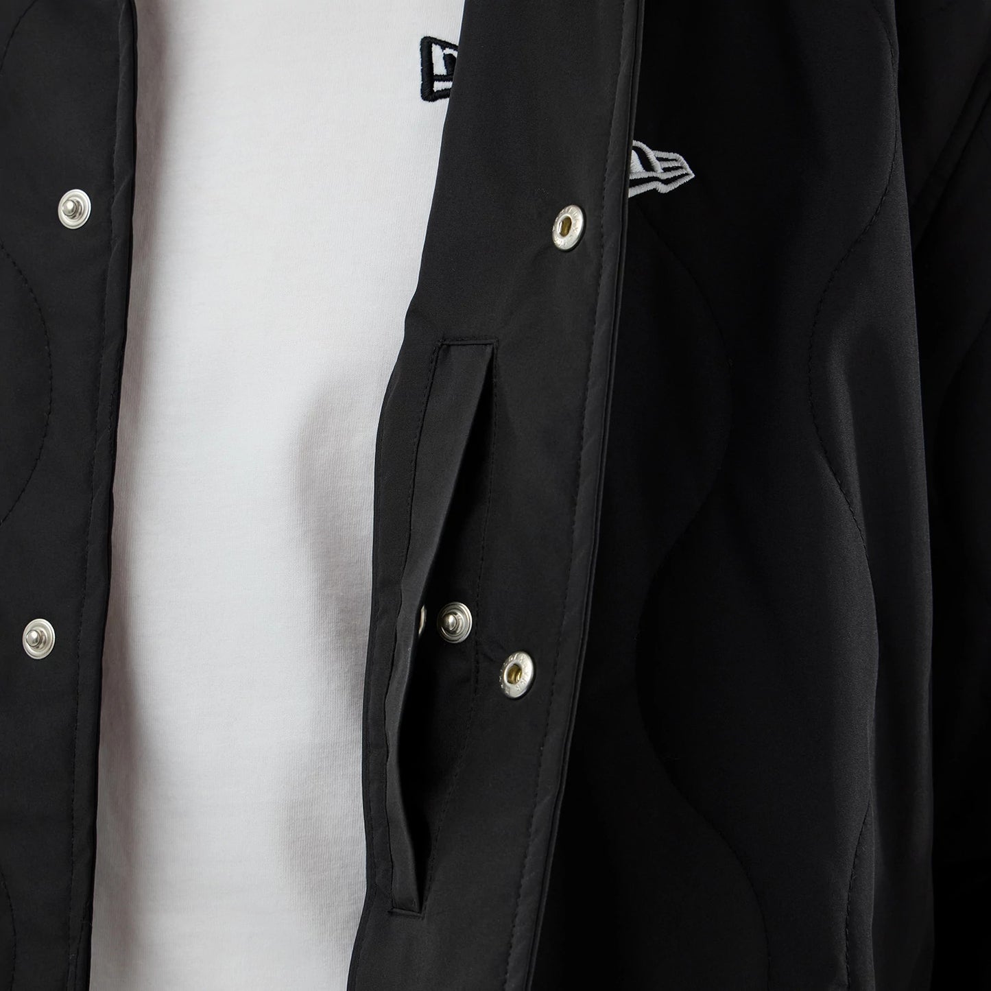 The model is wearing this New Era Quilted Coaches Jacket in black. 6