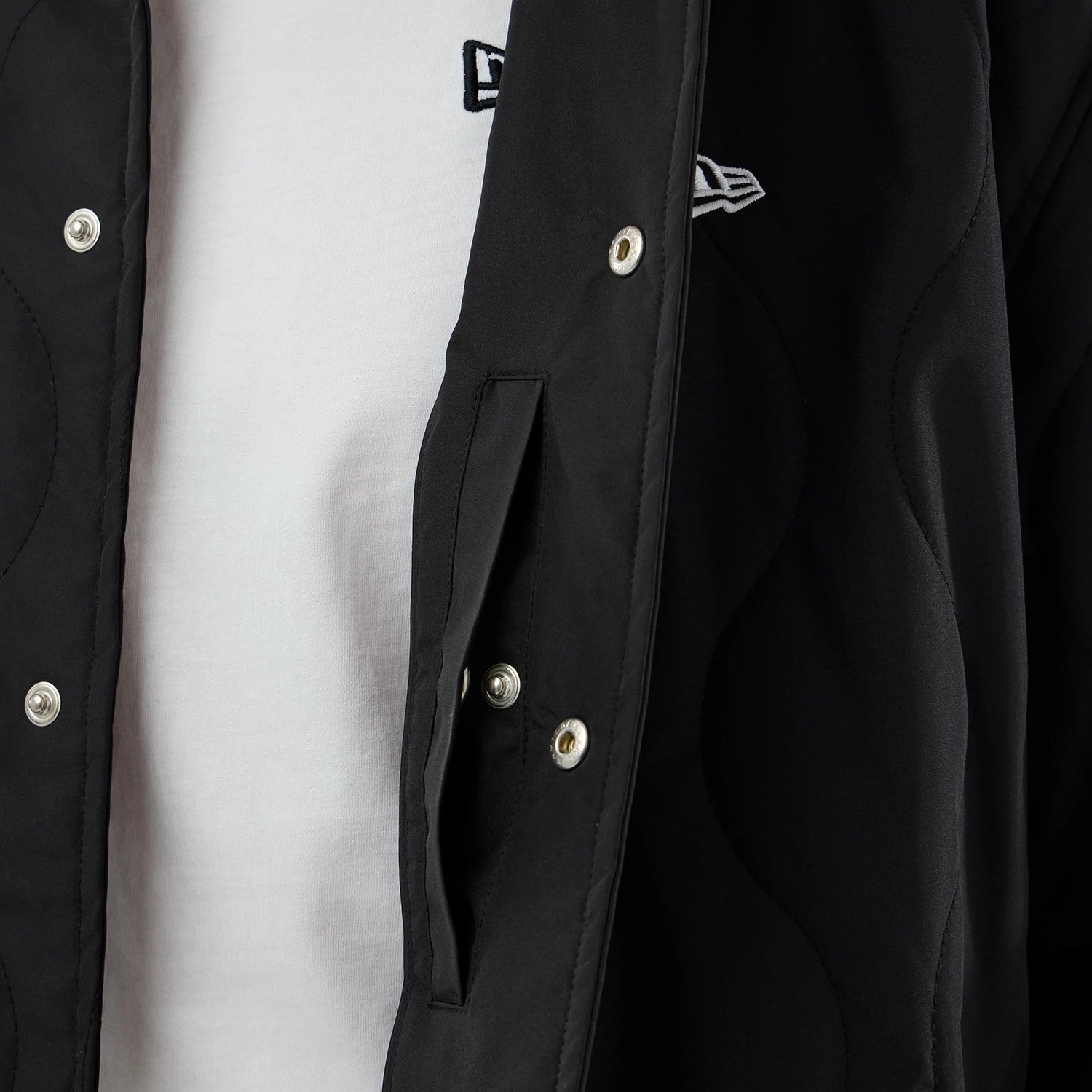 The model is wearing this New Era Quilted Coaches Jacket in black. 6