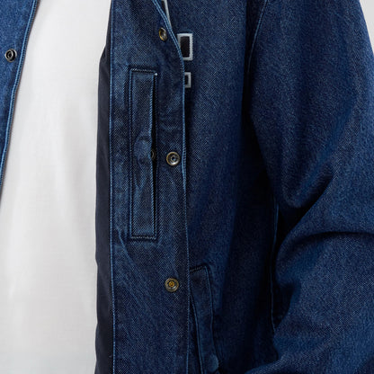 The model is wearing this MLB Coaches LA Dodgers Jacket in dark blue. 6