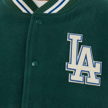 The model is wearing this MLB Varsity LA Dodgers Jacket in dark green. 6