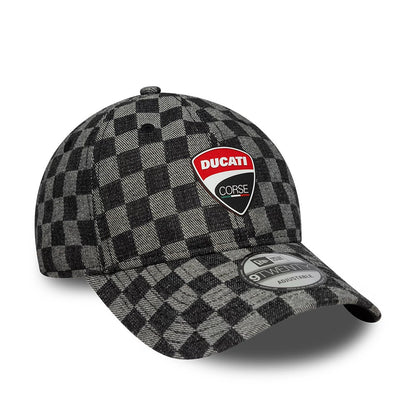 Ducati Motor All Over Print Black New Era 9TWENTY Adjustable Cap, three-quarter view showing the red and white Ducati Corse logo embroidered on the front panel, with a black and grey checkered pattern.