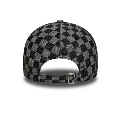 Ducati Motor All Over Print Black New Era 9TWENTY Adjustable Cap, rear view showing the checkered pattern across the panels, a silver buckle on the adjustable strap, and black embroidered eyelets on the crown.