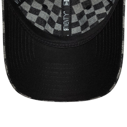 Ducati Motor All Over Print Black New Era 9TWENTY Adjustable Cap, inside view showing the black sweatband with New Era branding, black undervisor, and a distinctive chequered taping pattern lining the interior crown.