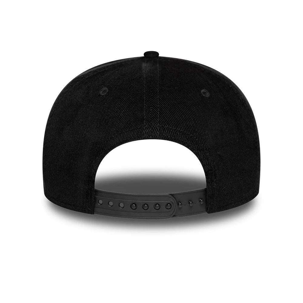 Ducati Motor Contrast Visor Black New Era 9SEVENTY Stretch Snap Adjustable Cap, rear view showing the black snap closure and the plain black back panels, with a top button and matching eyelets on the structured crown.