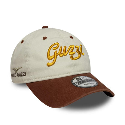 Pictured is this Moto Guzzi Script 9TWENTY cap in cream & brown. 1