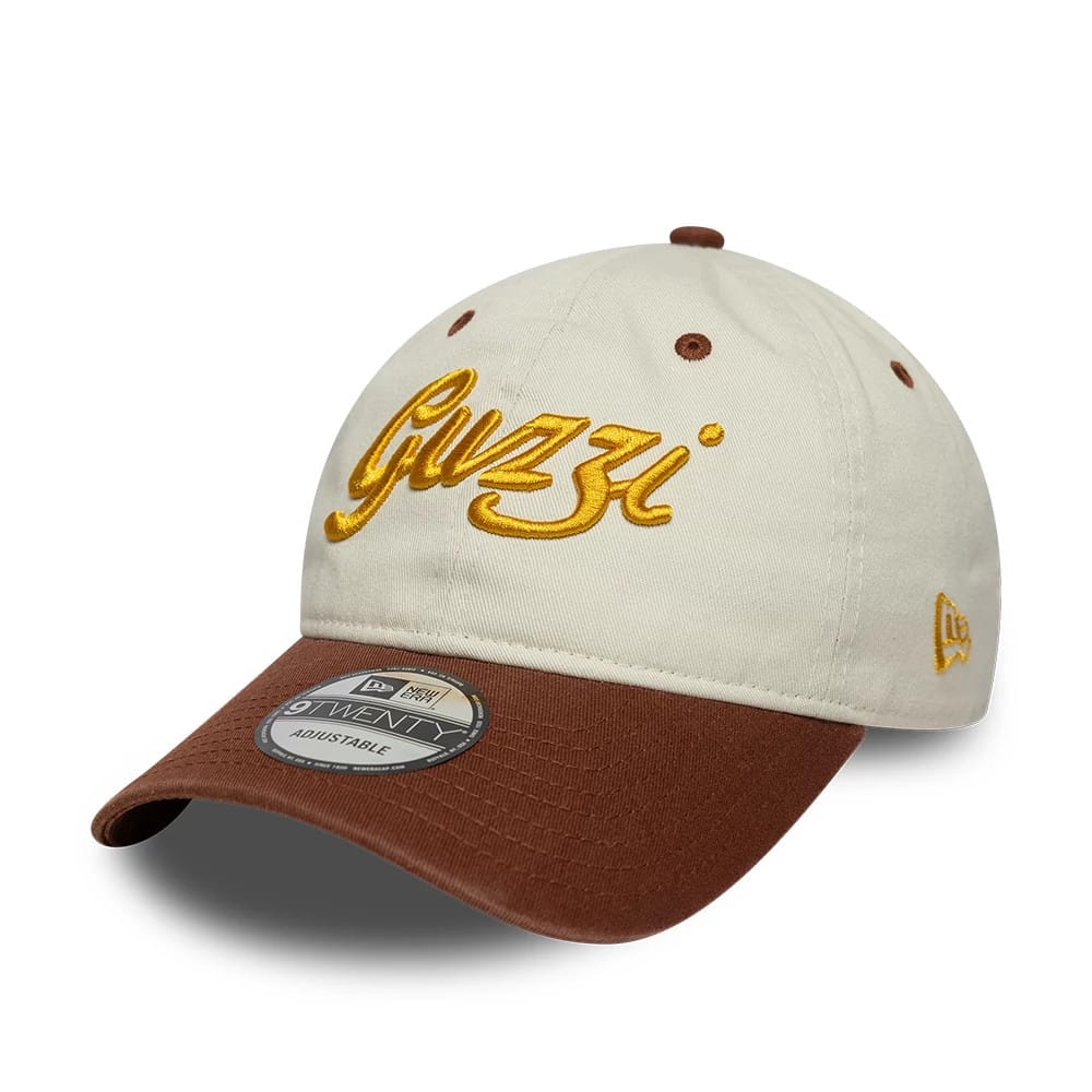 Pictured is this Moto Guzzi Script 9TWENTY cap in cream & brown. 3