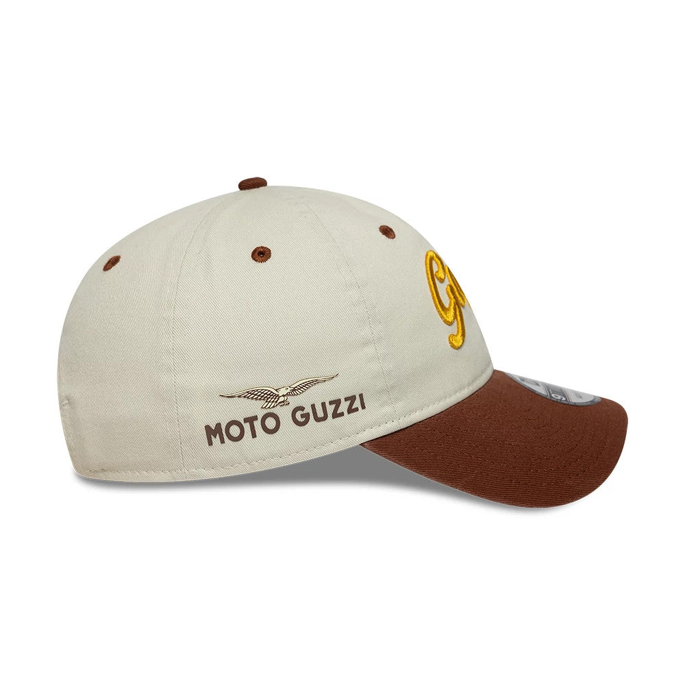 Pictured is this Moto Guzzi Script 9TWENTY cap in cream & brown. 4