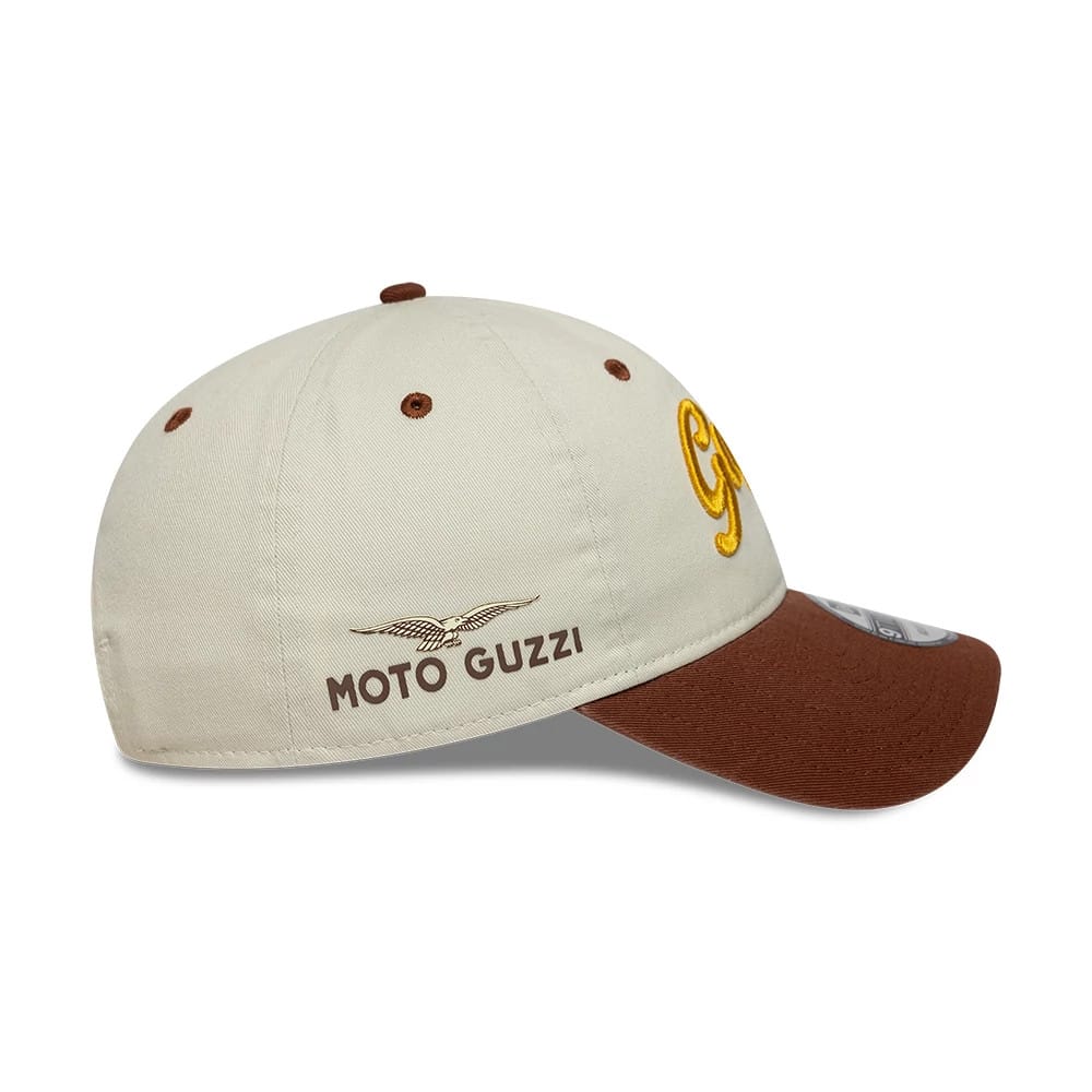 Pictured is this Moto Guzzi Script 9TWENTY cap in cream & brown. 4