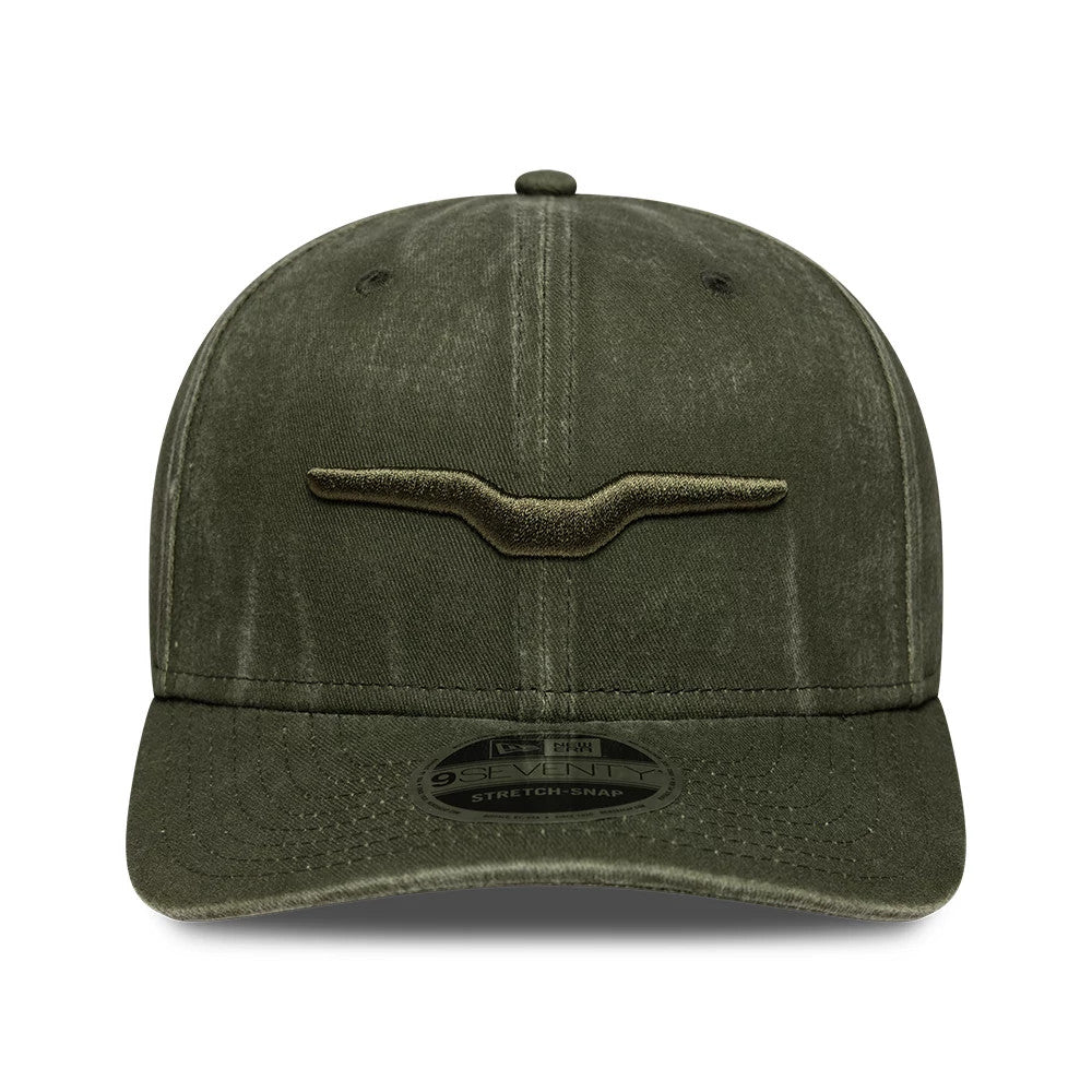 Moto Guzzi Logo Green New Era 9SEVENTY Stretch Snap Adjustable Cap, front view showing the raised green embroidered Moto Guzzi logo on the centre of the structured green crown, with a matching curved visor and 9SEVENTY size sticker.