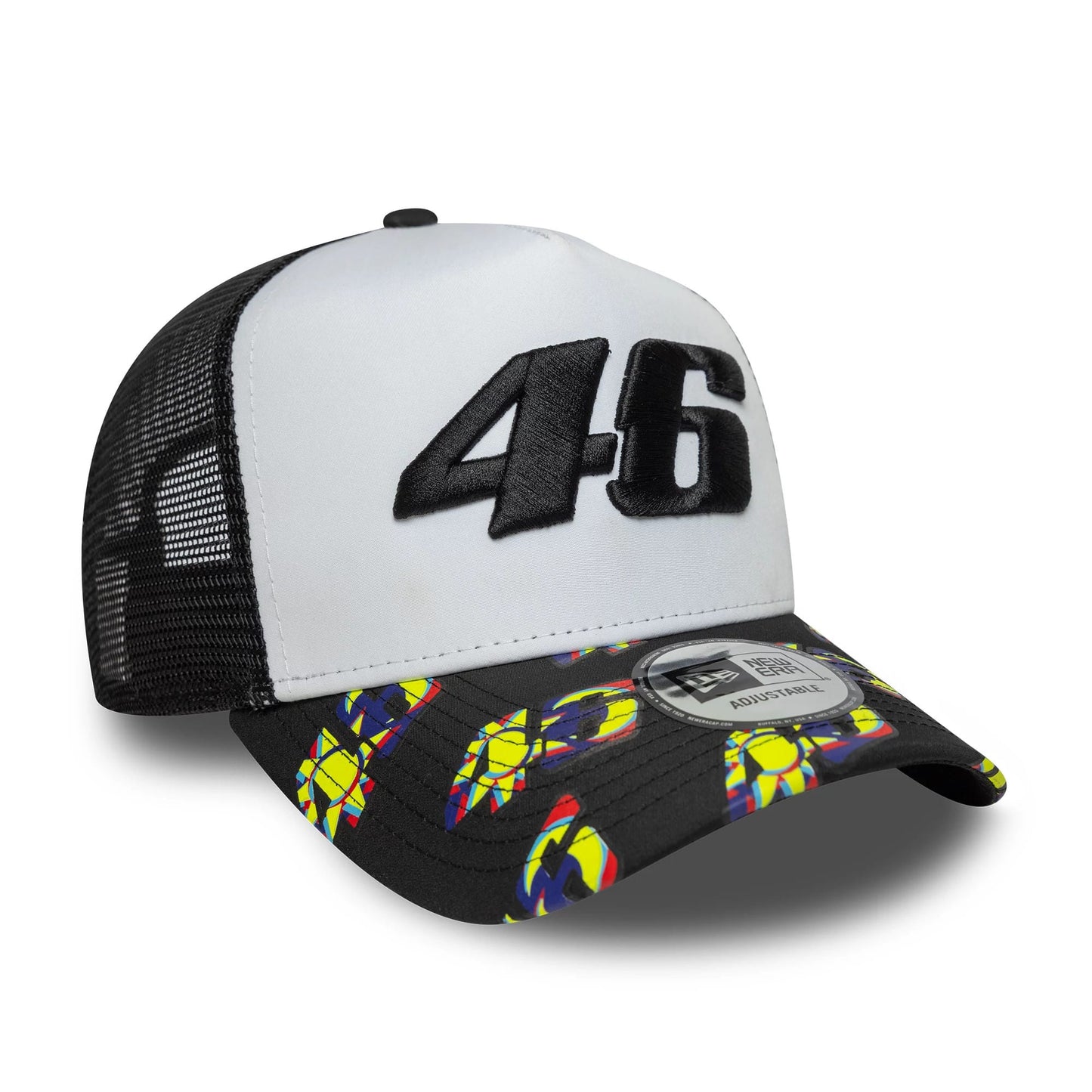 Pictured is this VR46 Print Visor 9FORTY E-Frame Trucker cap in black. 3