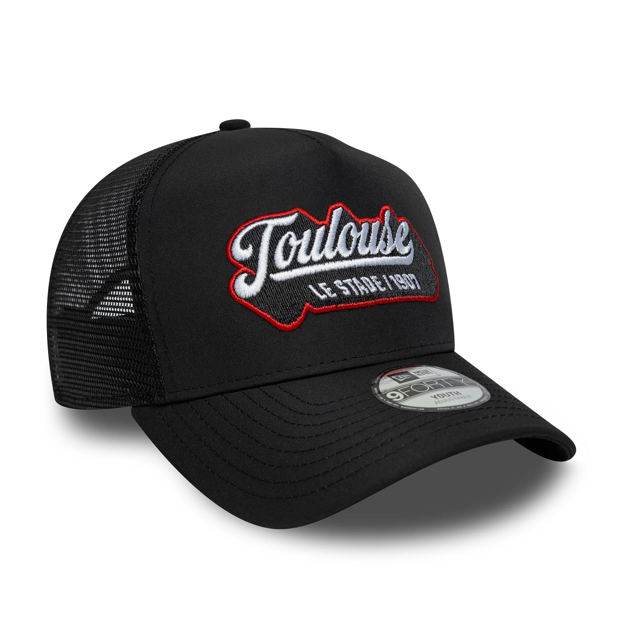 Pictured is this Youth Stade Toulousain Patch 9FORTY E-Frame Trucker cap in black. 3