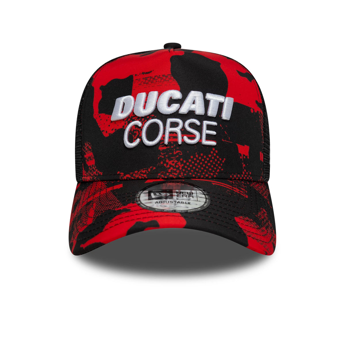Ducati Motor Camo Black New Era 9FORTY E-Frame Trucker Adjustable Cap, front view showing white raised embroidery of Ducati Corse on the red and black camo front panel, with a curved visor and a 9FORTY size sticker on the visor.