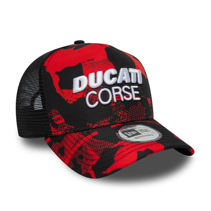 Ducati Motor Camo Black New Era 9FORTY E-Frame Trucker Adjustable Cap, three-quarter view showing the white embroidered Ducati Corse logo on the front panel, a black and red camo pattern, and a 9FORTY size sticker on the curved visor.
