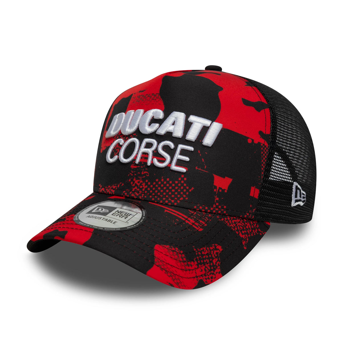 Ducati Motor Camo Black New Era 9FORTY E-Frame Trucker Adjustable Cap, front view showing raised white Ducati Corse embroidery on a red and black camo print crown, with a grey 9FORTY size sticker on the black curved visor.