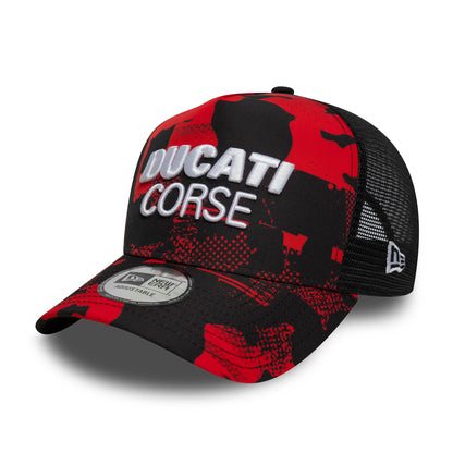 Ducati Motor Camo Black New Era 9FORTY E-Frame Trucker Adjustable Cap, front view showing raised white Ducati Corse embroidery on a red and black camo print crown, with a grey 9FORTY size sticker on the black curved visor.