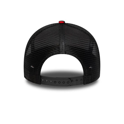 Ducati Motor Camo Black New Era 9FORTY E-Frame Trucker Adjustable Cap, rear view showing the open mesh back panels with a red top button, featuring an adjustable black snapback closure for a custom fit.