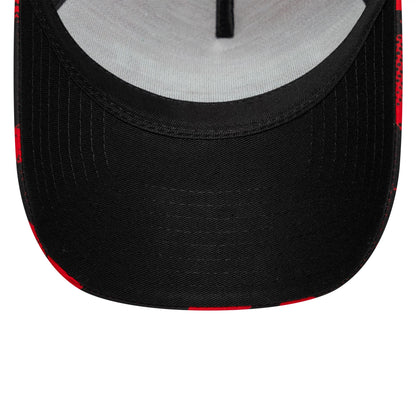 Ducati Motor Camo Black New Era 9FORTY E-Frame Trucker Adjustable Cap, inside view showing the grey undervisor with a black sweatband, contrasting red and black pattern on the edge of the visor, and a vertical black seam tape.