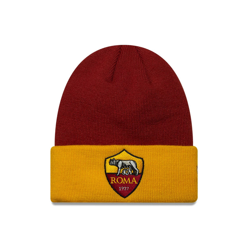 Pictured is this Youth AS Roma Team Skull Knit Beanie hat in dark red. 1