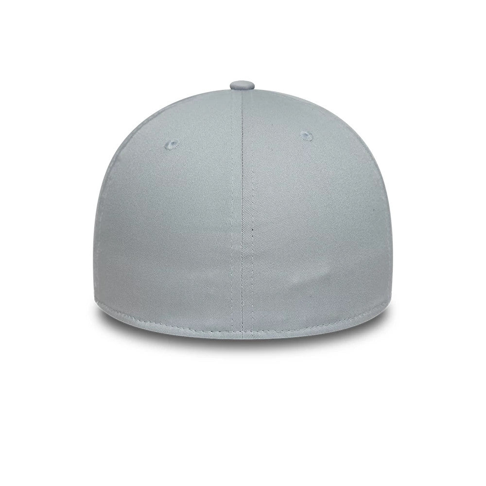 Manchester United FC Grey New Era 39THIRTY Stretch Fit Cap, rear view showing the plain structured grey crown with panel seams, two eyelets on each back panel, and a round top button centred on the surface.
