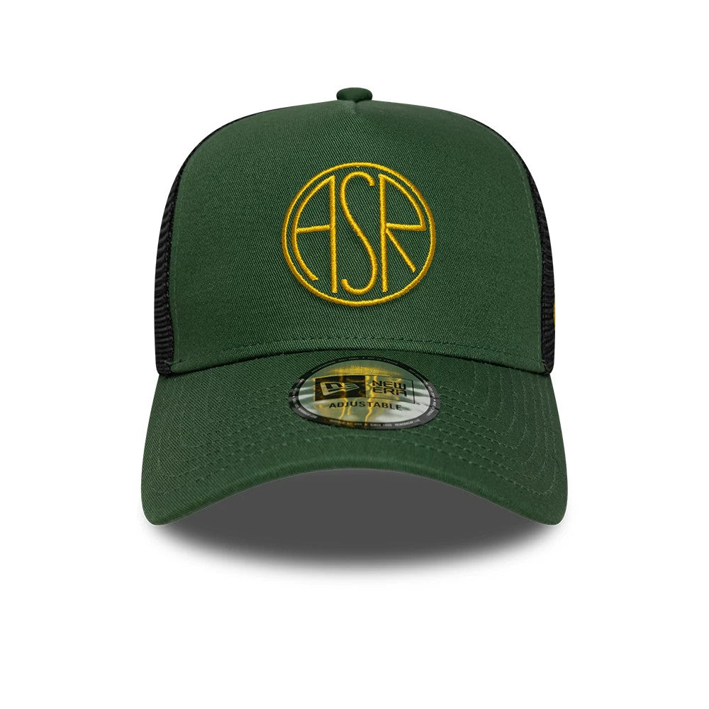 AS Roma Dark Green New Era 9FORTY E-Frame Trucker Adjustable Cap, front view showing the yellow embroidered ASR logo centred on the structured dark green front panel with a black mesh back and a 9FORTY size sticker on the inline green visor.