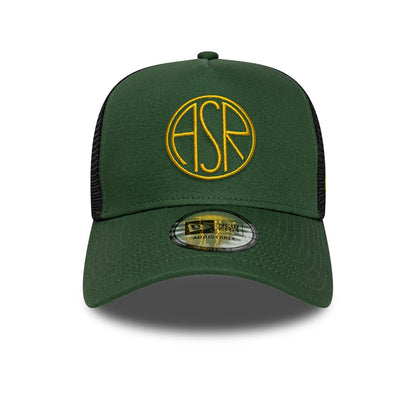 AS Roma Dark Green New Era 9FORTY E-Frame Trucker Adjustable Cap, front view showing the yellow embroidered ASR logo centred on the structured dark green front panel with a black mesh back and a 9FORTY size sticker on the inline green visor.