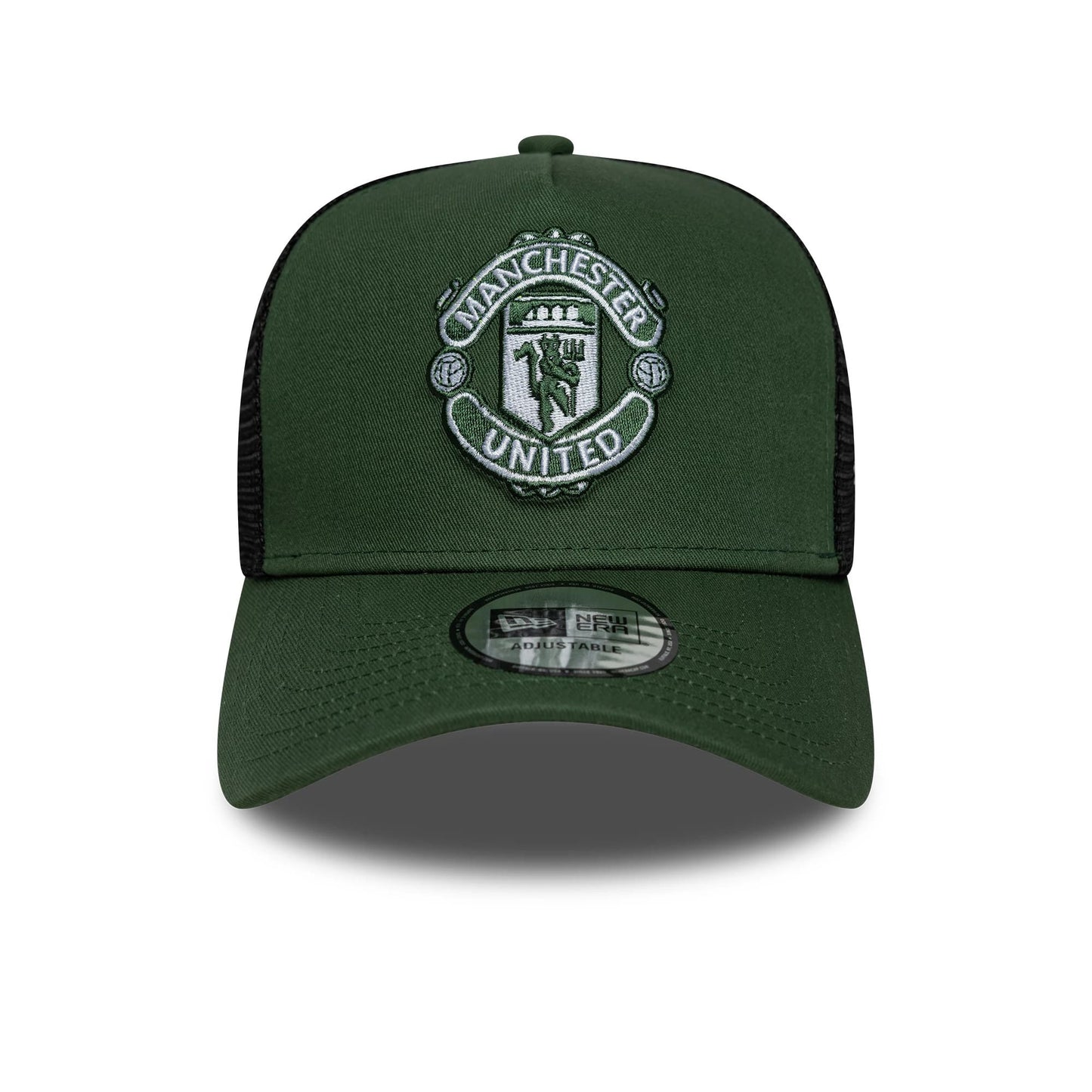 Pictured is this Manchester United FC 9FORTY A-Frame Trucker cap in dark green. 2
