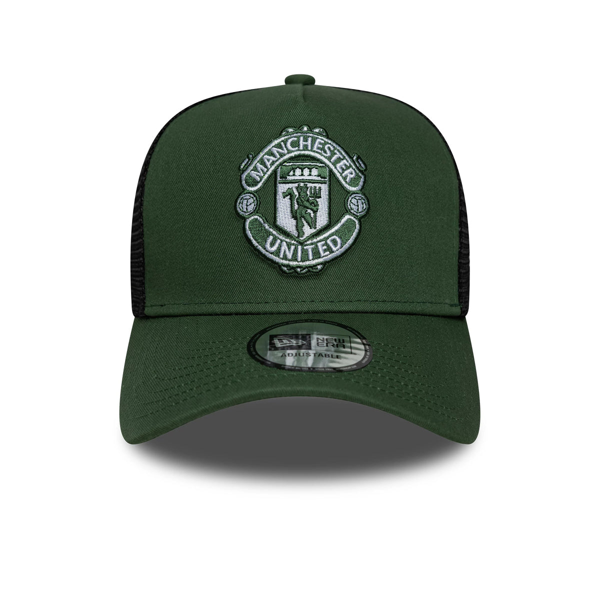 Manchester United FC Dark Green New Era 9FORTY A-Frame Trucker Adjustable Cap, front view showing the raised embroidered club crest in white and green on the structured dark green crown, with a black mesh back.