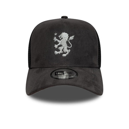 Pictured is this Aston Villa FC Faux Suede 9FORTY E-Frame Trucker cap in dark grey. 3