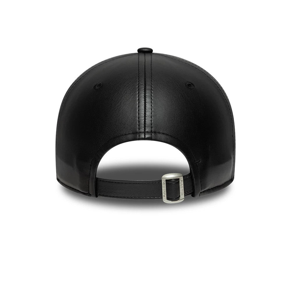 AC Milan PU Black New Era 9FORTY Adjustable Cap, rear view showing the black strap with a buckle, unstructured black PU leather crown with a classic stitch design, and curvature at the back opening.