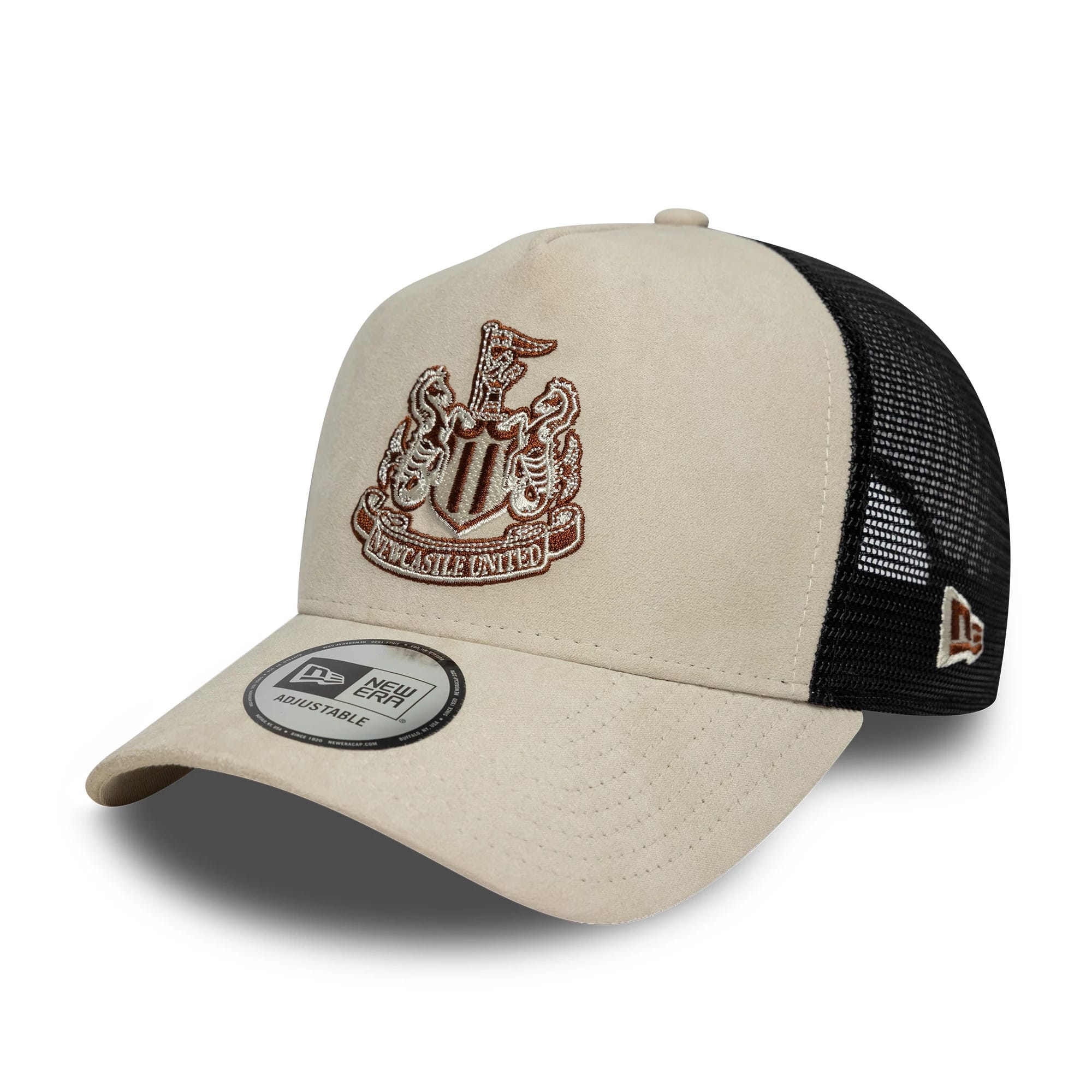 Pictured is this Newcastle United FC Faux Suede 9FORTY E-Frame Trucker cap in cream. 1