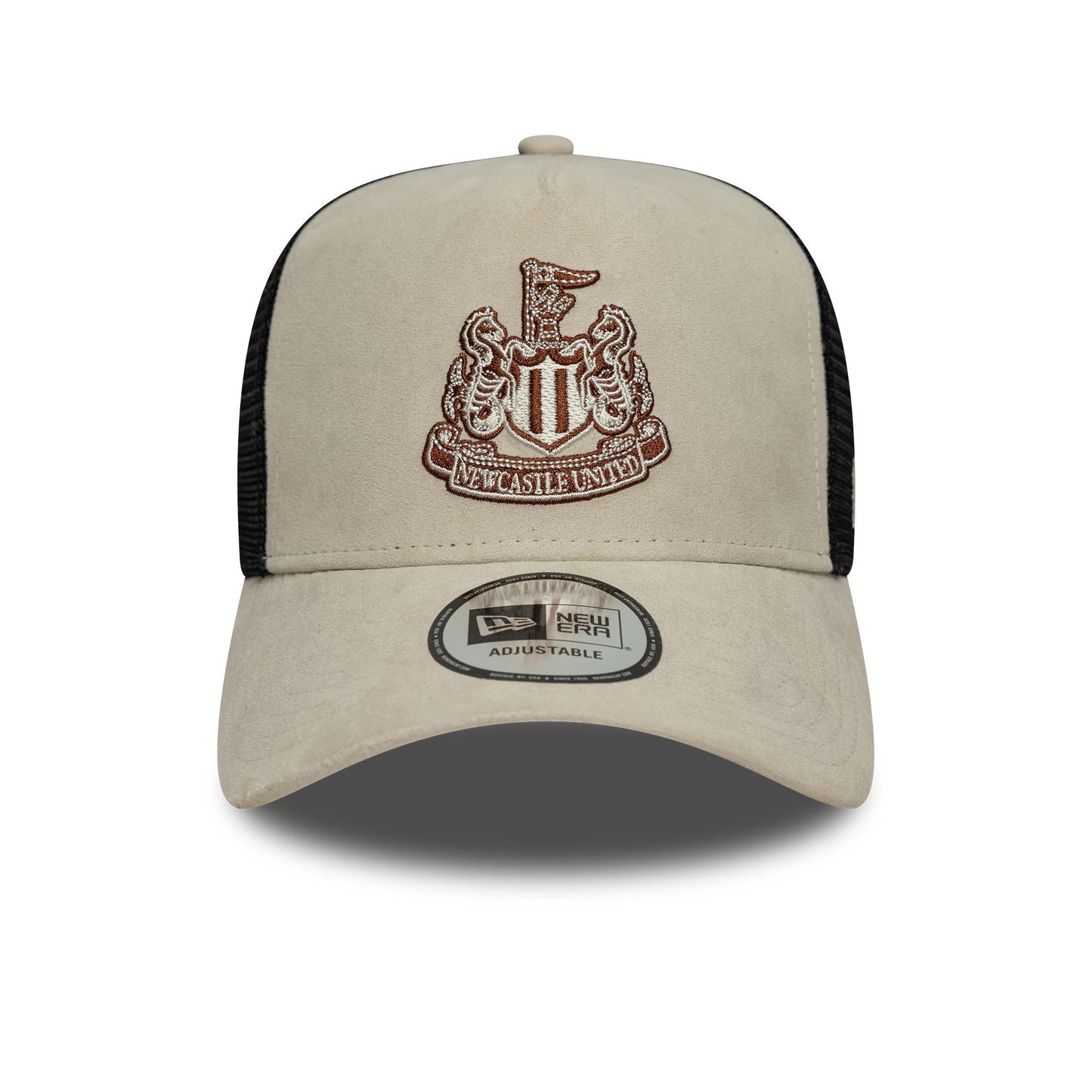 Pictured is this Newcastle United FC Faux Suede 9FORTY E-Frame Trucker cap in cream. 2