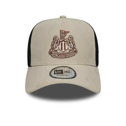 Pictured is this Newcastle United FC Faux Suede 9FORTY E-Frame Trucker cap in cream. 2