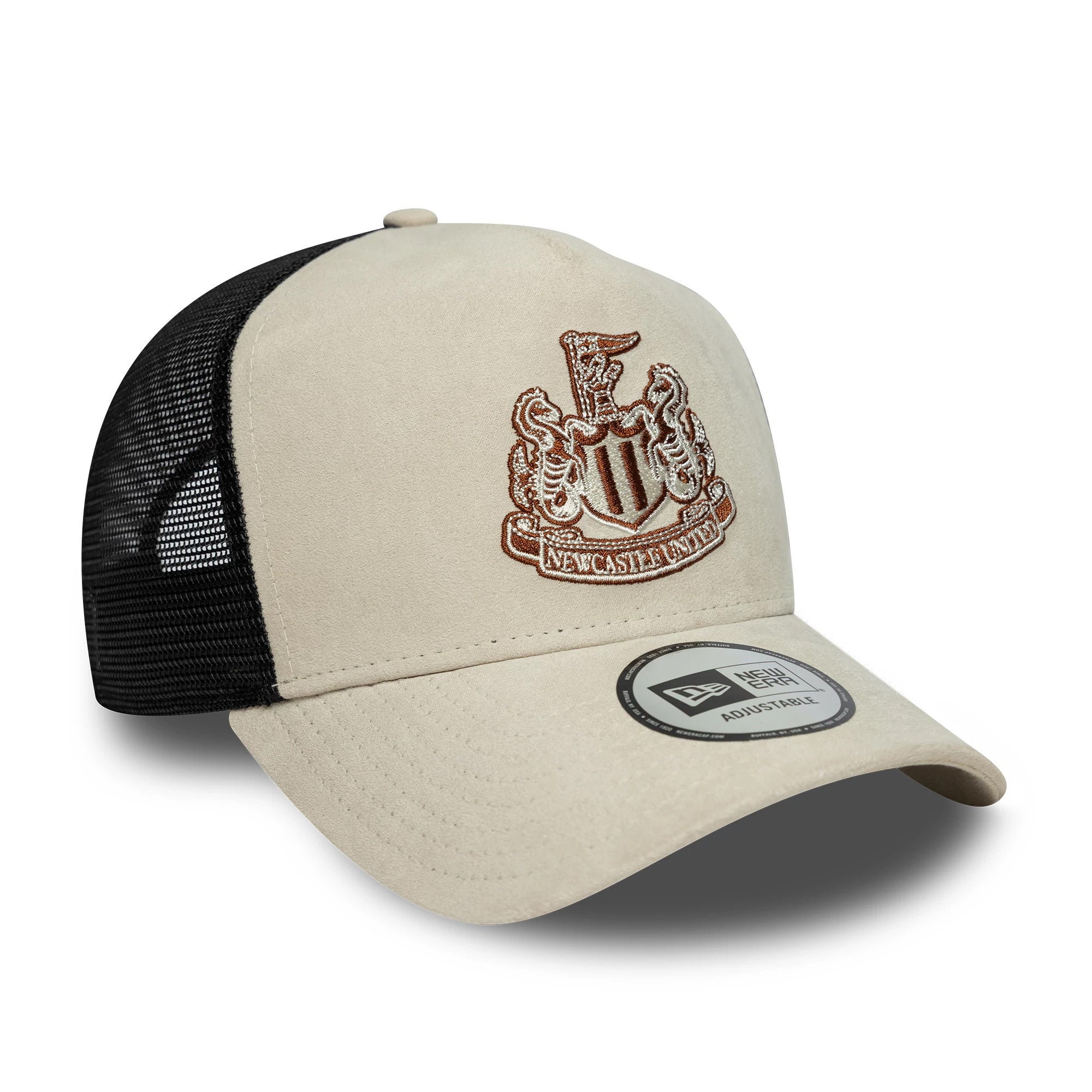Pictured is this Newcastle United FC Faux Suede 9FORTY E-Frame Trucker cap in cream. 3