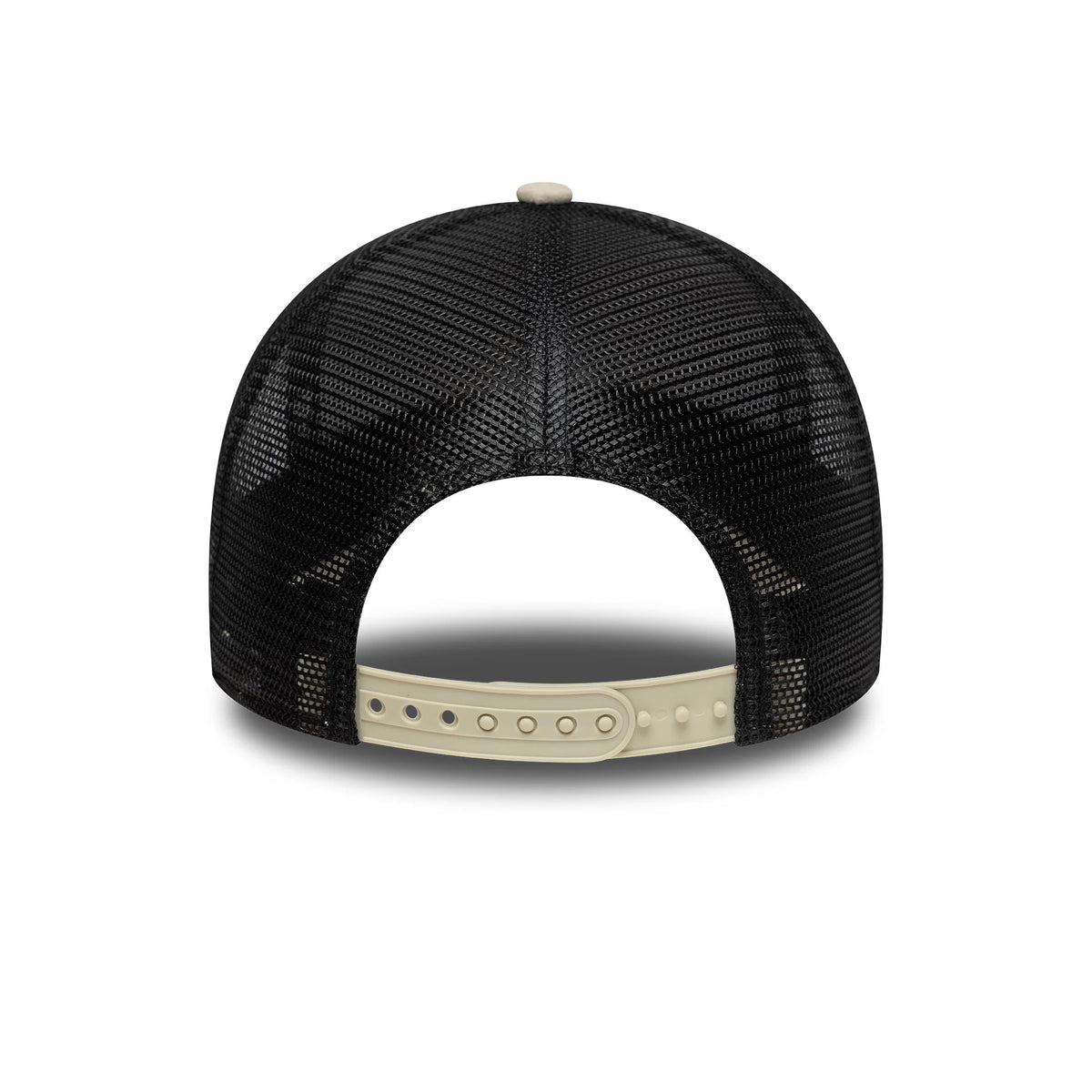 Newcastle United FC Faux Suede Cream New Era 9FORTY E-Frame Trucker Adjustable Cap, rear view showing a black mesh back with a cream adjustable strap, a round top button, and no logos on the structured panels.