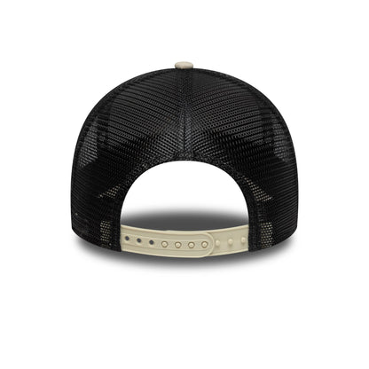 Newcastle United FC Faux Suede Cream New Era 9FORTY E-Frame Trucker Adjustable Cap, rear view showing a black mesh back with a cream adjustable strap, a round top button, and no logos on the structured panels.
