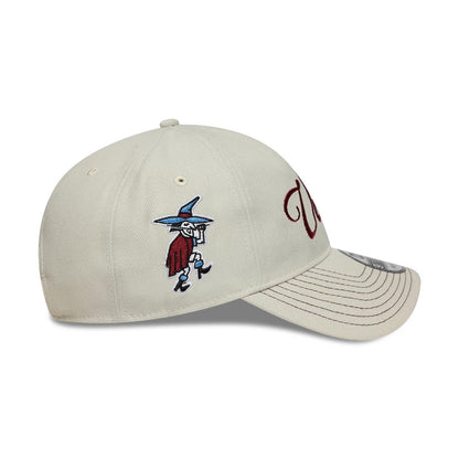 Aston Villa FC Villans White New Era 9TWENTY A-Frame Adjustable Cap, side view showing a detailed embroidered mascot in red, white, and blue on the right panel, with a curved visor featuring brown stitching and an attached 9TWENTY size sticker.