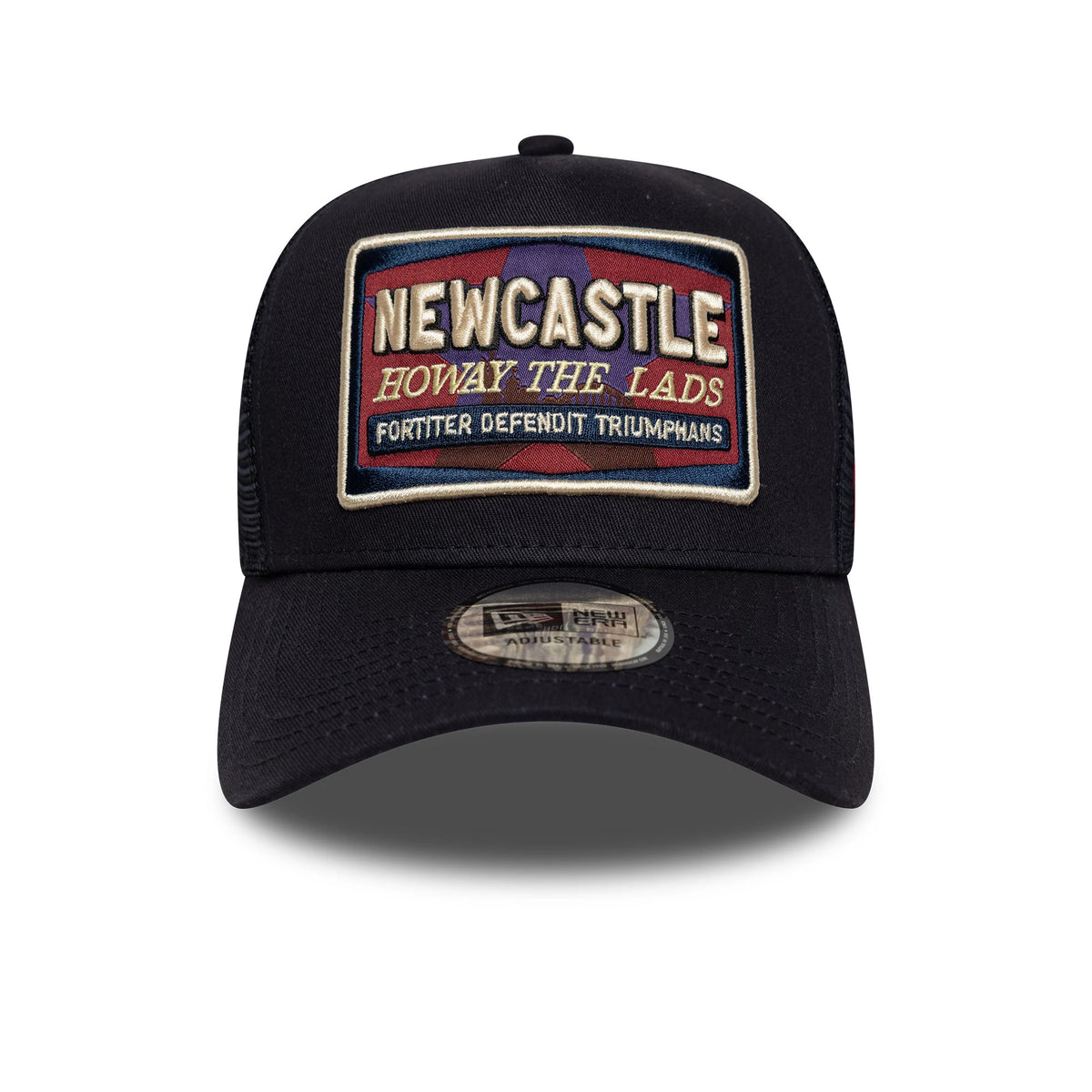 Newcastle United FC Navy New Era 9FORTY E-Frame Trucker Adjustable Cap, front view showing a large embroidered patch with NEWCASTLE in cream letters and HOWAY THE LADS in red on the structured navy crown, with a 9FORTY size sticker on the visor.