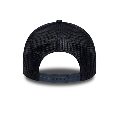 Newcastle United FC Navy New Era 9FORTY E-Frame Trucker Adjustable Cap, rear view highlighting the dark mesh on the structured panels, a navy adjustable snap closure for custom fit, and a small top button completing the design.