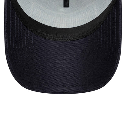 Newcastle United FC Navy New Era 9FORTY E-Frame Trucker Adjustable Cap, inside view showing the structured navy visor with stitching, a black sweatband along the edge, and a contrasting light grey undervisor.